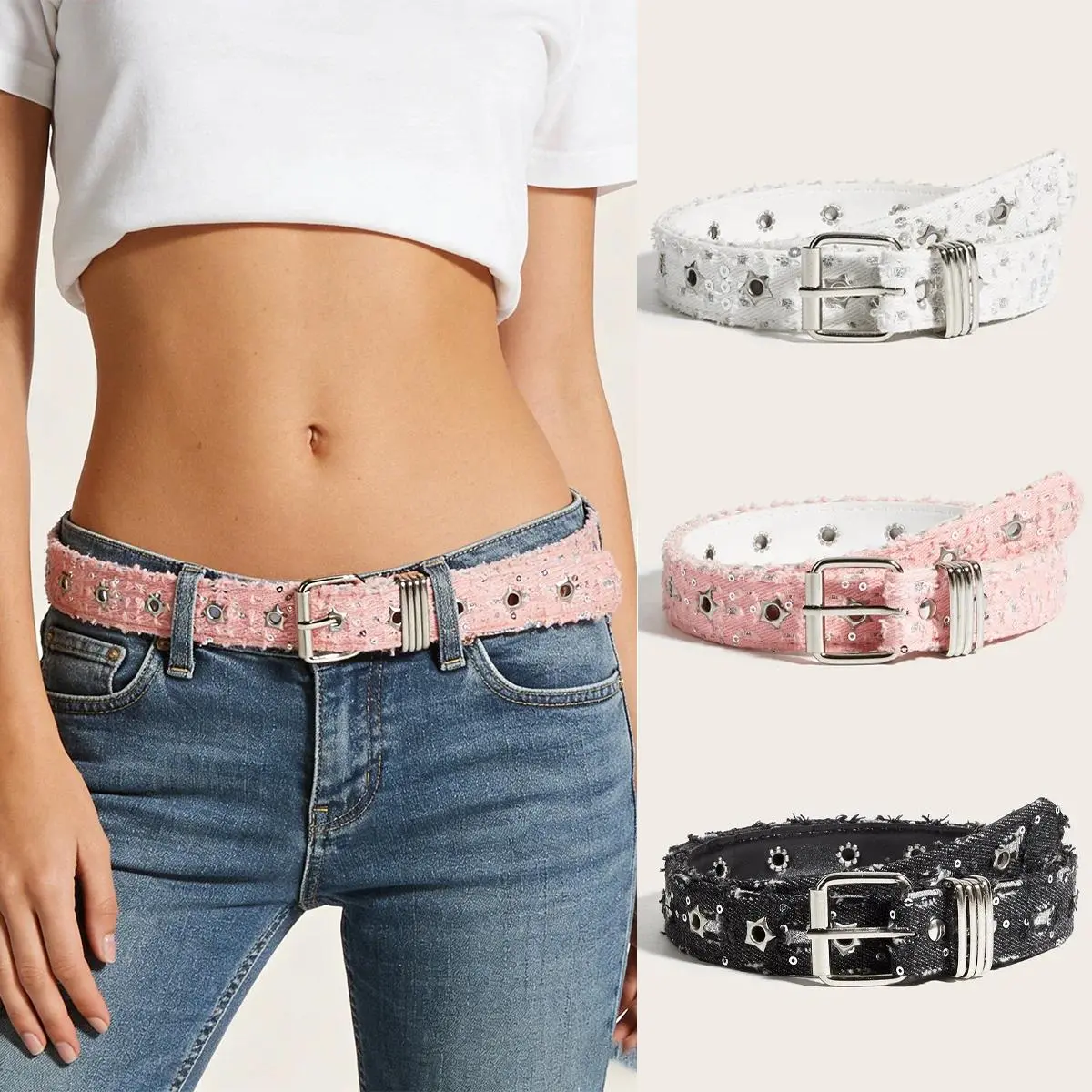 Fashion Luxury Belt Black Punk Accessories Pink Denim Girdle HipHop Y2k Star Hollowed Pin Buckle Waistband For Women Y2K Belt