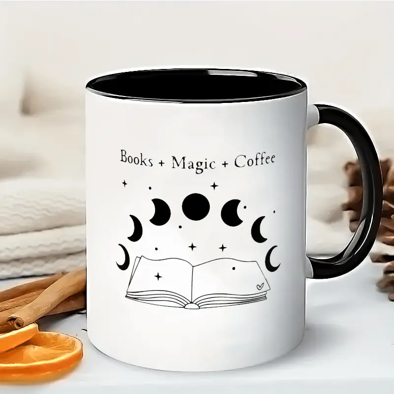 1pc a Mug Featuring a Witchy Halloween Design with Crescent Moons And Stars, in Black And White. It'S an Insulated, Reusable Coffee Cup That Is Dishwasher Safe, Making It a Perfect Gift for Book Lovers And Witches Alike