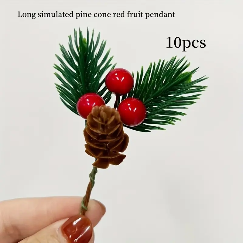 10-Piece Holiday Fake Pine Cone Cranberry Decor Set, Christmas Decoration, DIY Accessories, Gift Box Accent, Suitable for Tree Topper