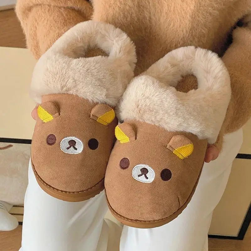 Women's Rilakkuma Face Half Package B Heeled Slippers - Winter Warm Cotton, Fur-Lined, Anti-Slip Sole, Comfortable for Indoor & Outdoor Use, Slip On
