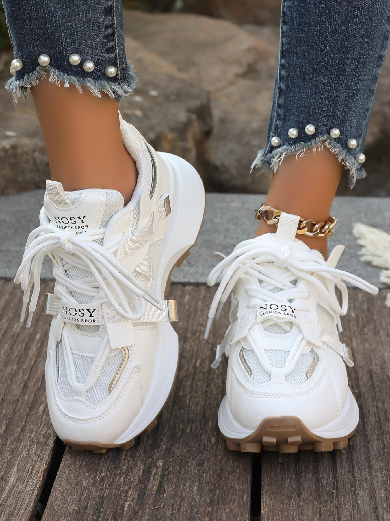 Women's Fashionable Solid / Colorblock Lace Up Sport Sneaker Walking Shoes, Casual Comfortable Breathable Sports Shoes, Female All-match Round Toe Shoes for Daily Wear