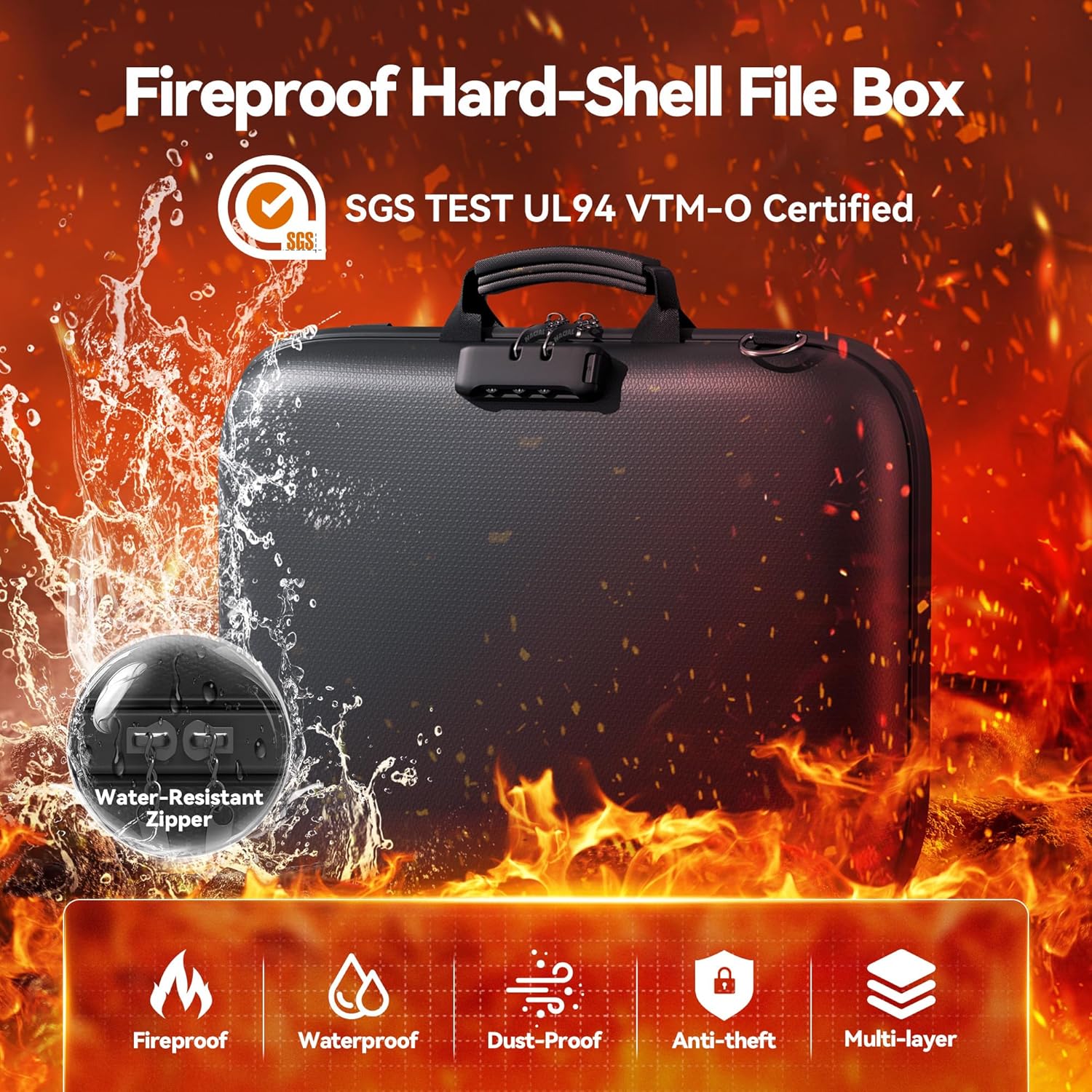 Fireproof Document Box with Lock &  Strap, Hard-Shell Fireproof File Organizer with 13 Pocket Accordion File Folder, Portable Safe Storage for Important Documents, Laptop, Black