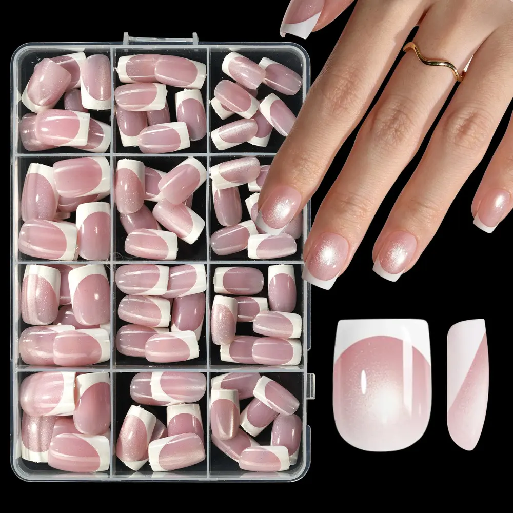 120pcs Short French Cat Eye Press-On Nails, French Nail Art, Glossy Surface, Full Coverage Removable Salon Quality Nails, Ideal for Daily Wear