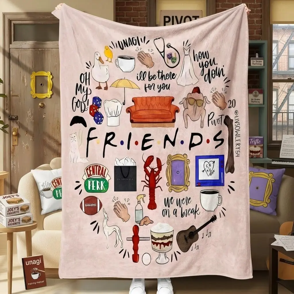 Cozy Friends TV Series Souvenir Blanket, Ultra-Soft Printed Plush Throw, Funny Show Quotes, Decorative Bed/couch Blanket, Gift for Friends