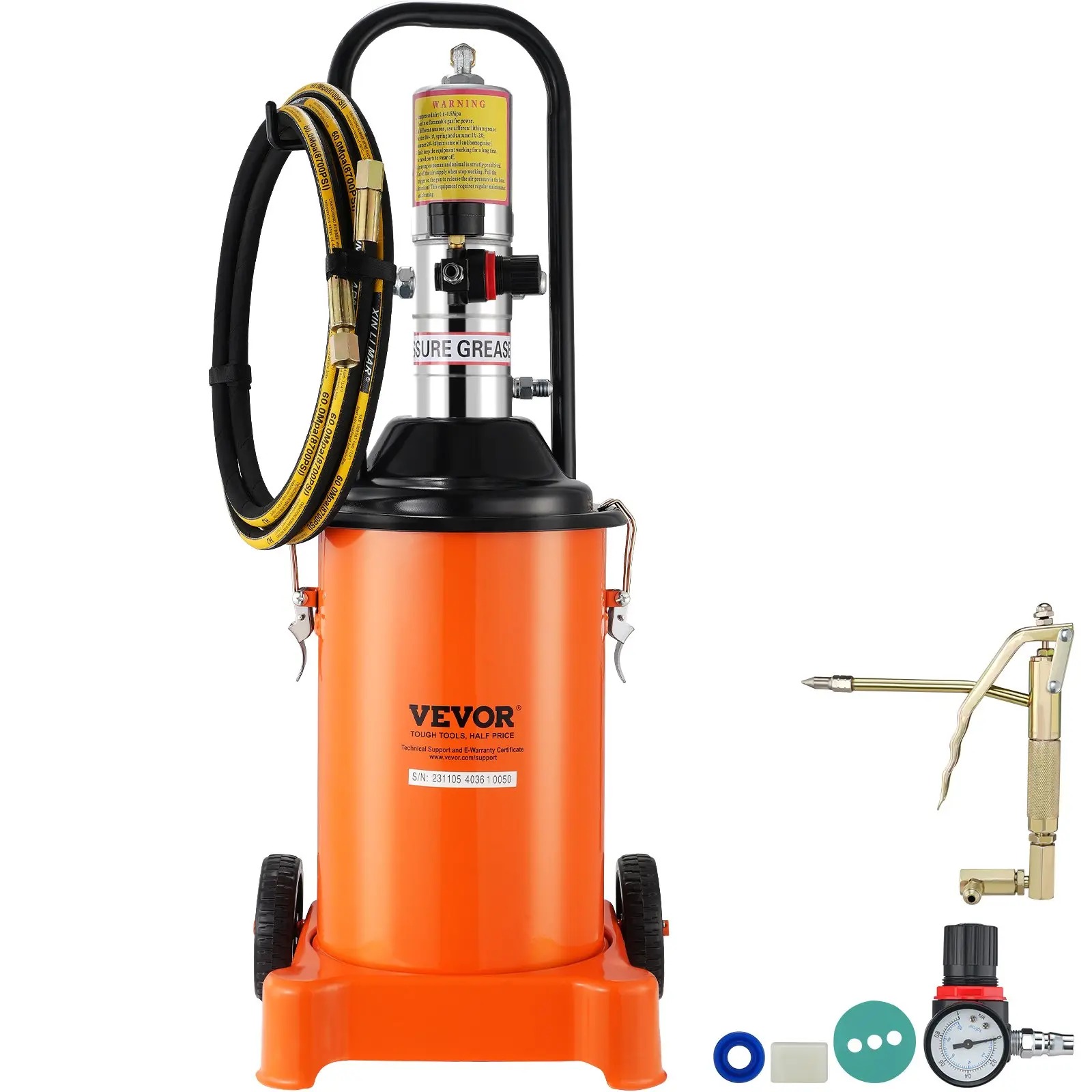 【Summerfinds】VEVOR Grease Pump, 3 Gallon 12L, Air Operated Grease Pump with 13 ft High Pressure Hose and Grease Gun, Pneumatic Grease Bucket Pump with Wheels, Portable Lubrication Grease Pump 50:1 Pressure Ratio