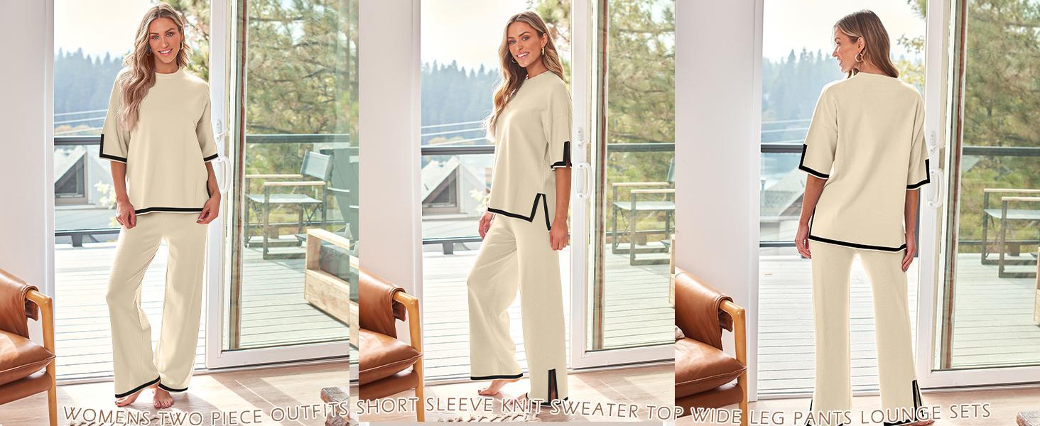 2 Piece Lounge Sets Women's Short Sleeve Knit Top Wide Leg Pants Sets Soft Womenswear Oversized Stretchy Chic Comfortable Comfy Elastic Overalls Loungewear Homewear