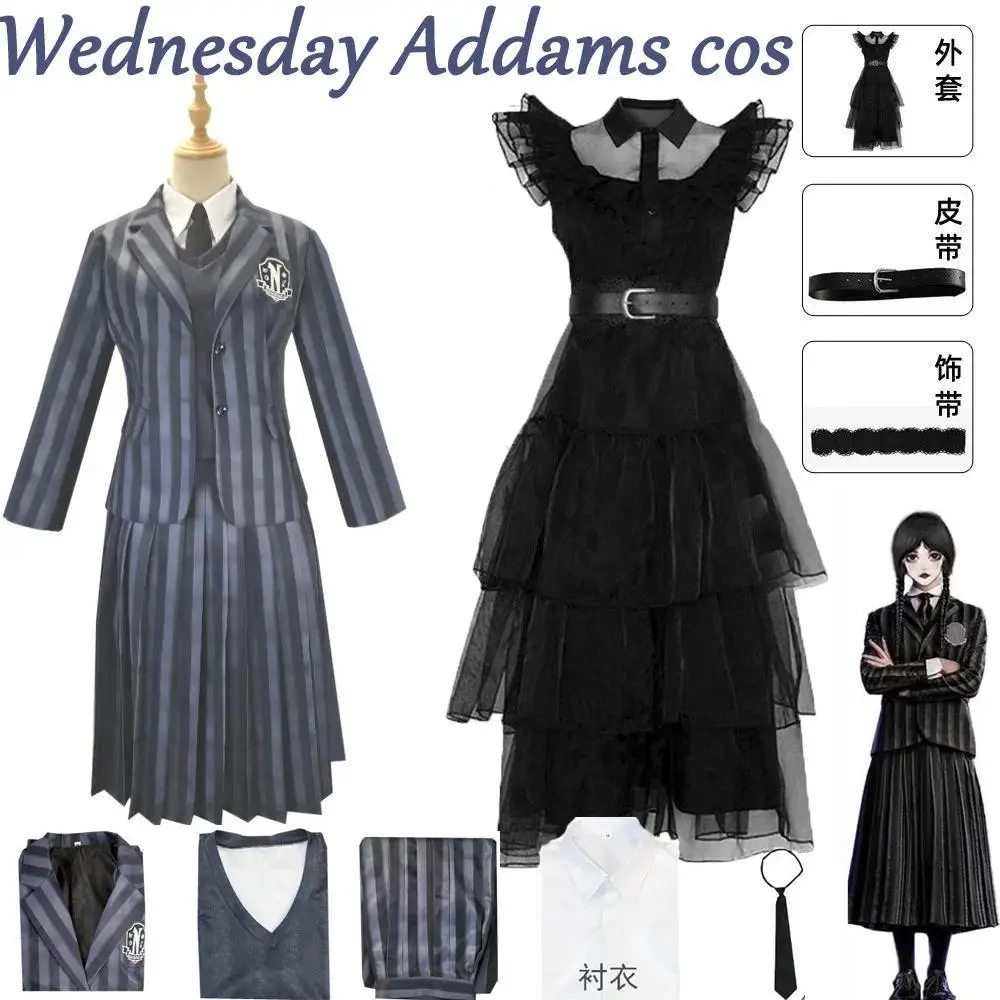 Wednesday Addams Cosplay 2 Styles Nevermore Uniform Black Tulle Dress Plus Size XS-3XL Women Gothic Halloween Outfit