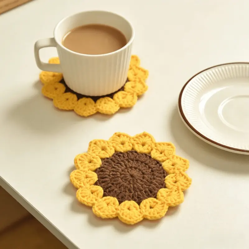4pcs Hand Crochet Sunflower Coasters Yarn Sun Flower Heat Insulation Placemats Table Mats Flower Decorations Home Creative Cup Coasters