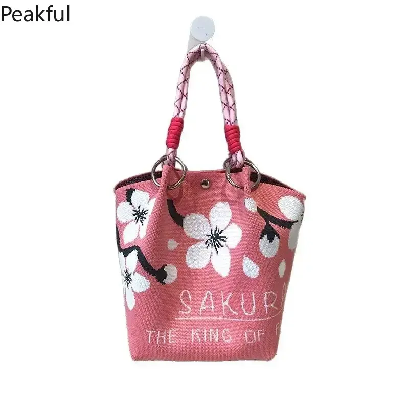 Bohemian Flower Knit Mini Bucket Bag, Colorful Woven Floral Print Tote Purse, Lightweight Roomy Handbag for Daily Use Travel Styling