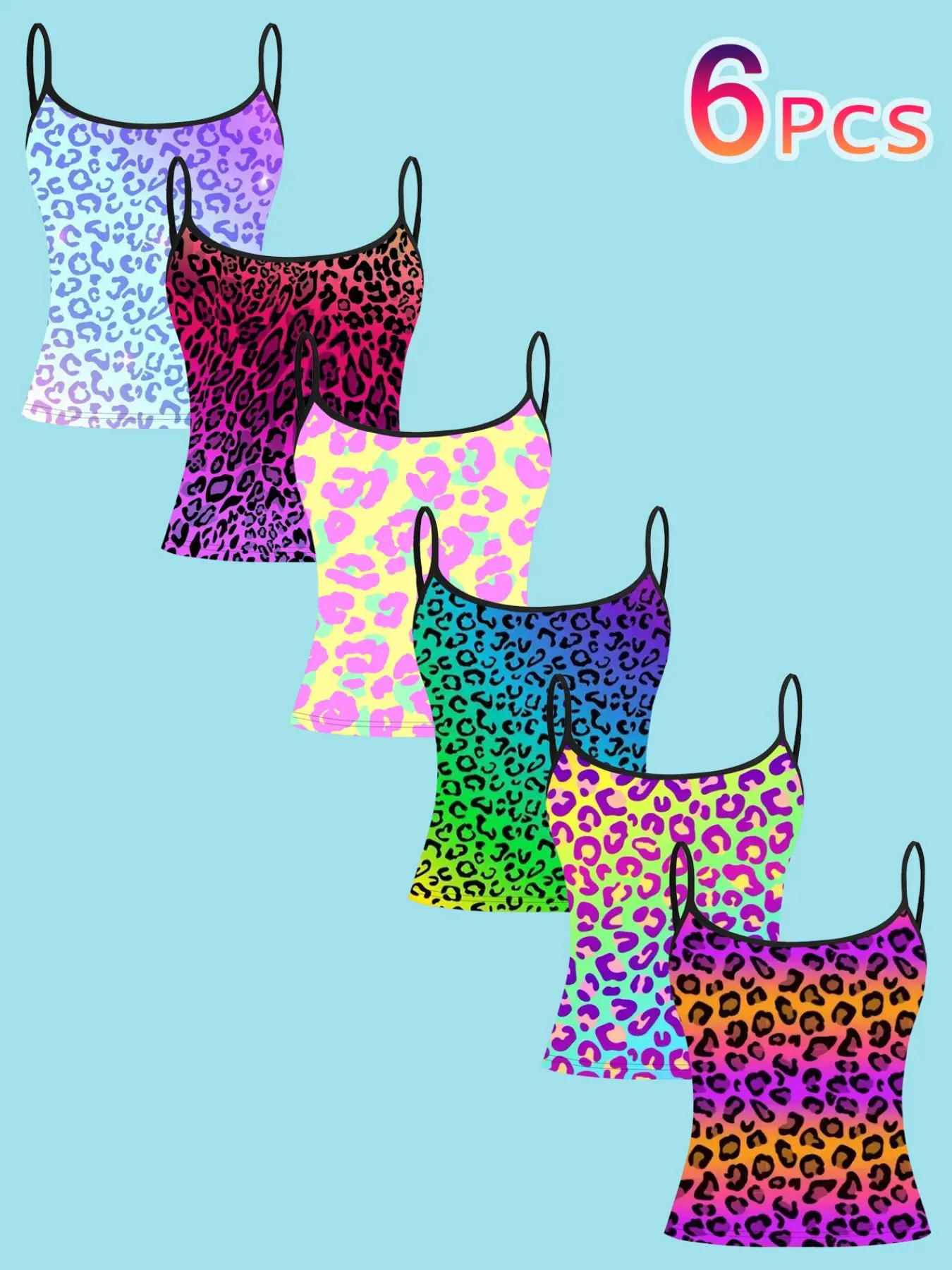 6-Piece Set Rainbow Gradient Leopard Print Tank Tops, Dopamine Color Thin Strap Top, Camisole Tank Top, Summer Y2K Millennial Girl T-Shirts, Casual Sleeveless Spaghetti