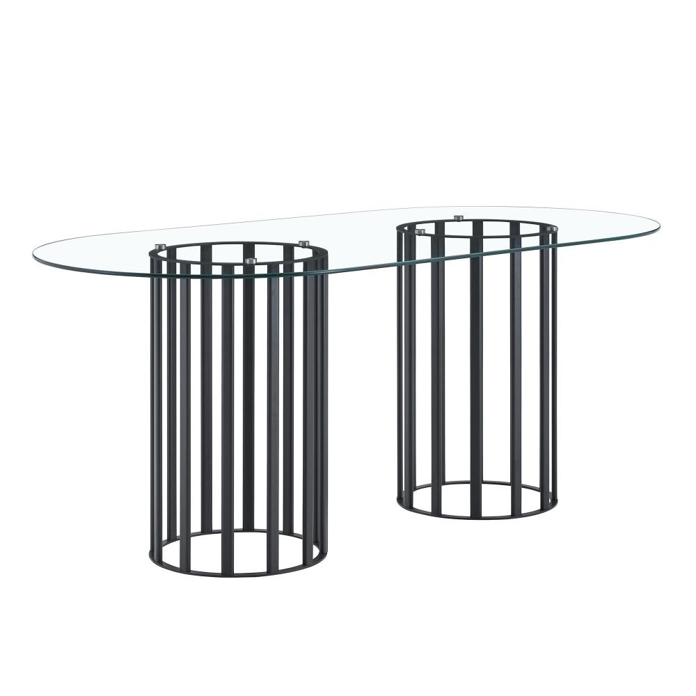 71 inch oval tempered glass dining table,black double column light luxury style,tempered glass scratch resistant and easy to clean.Suitable for 6-8 people dining, modern light luxury restaurant table.