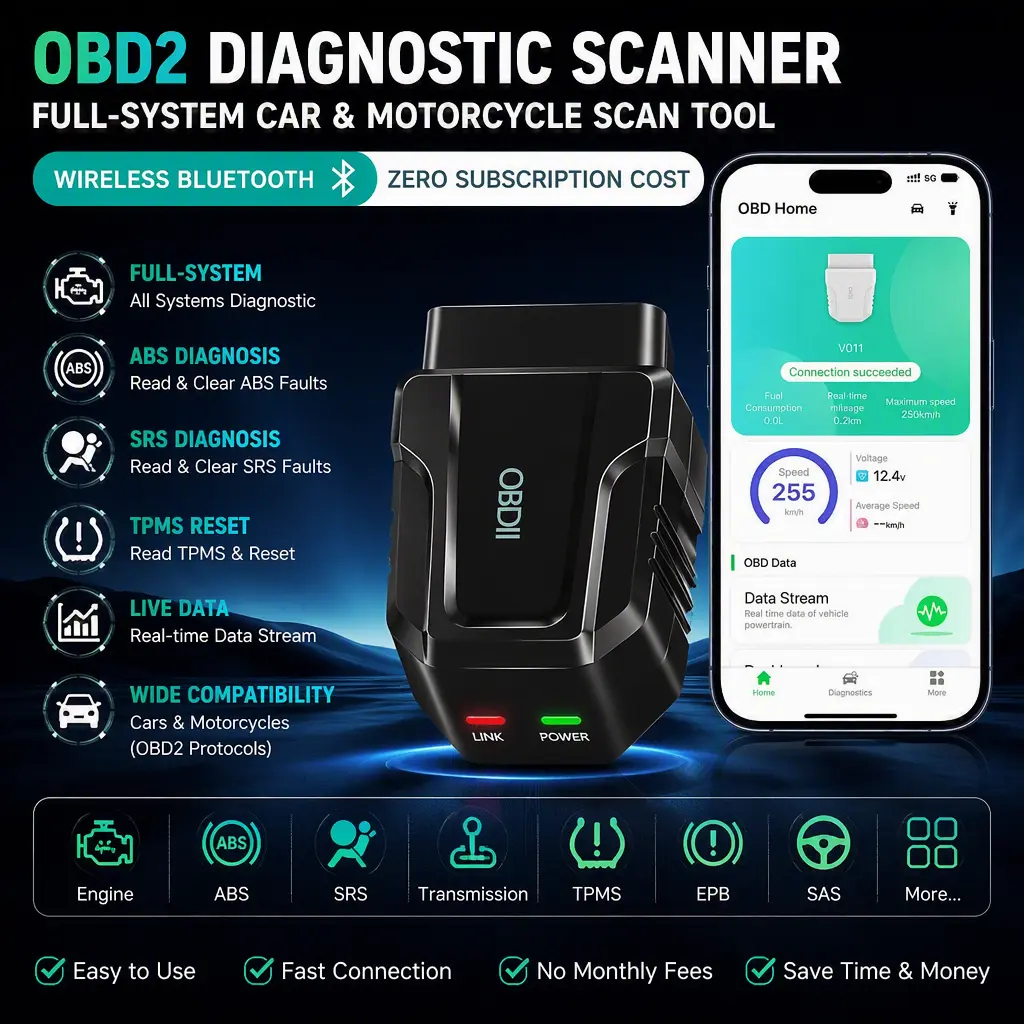 Universal Bluetooth OBD2 Scanner for Cars & Motorcycles, Plug‑and‑Play Full‑System Diagnostics, Check Engine ABS SRS TPMS Live Data No Monthly Fee