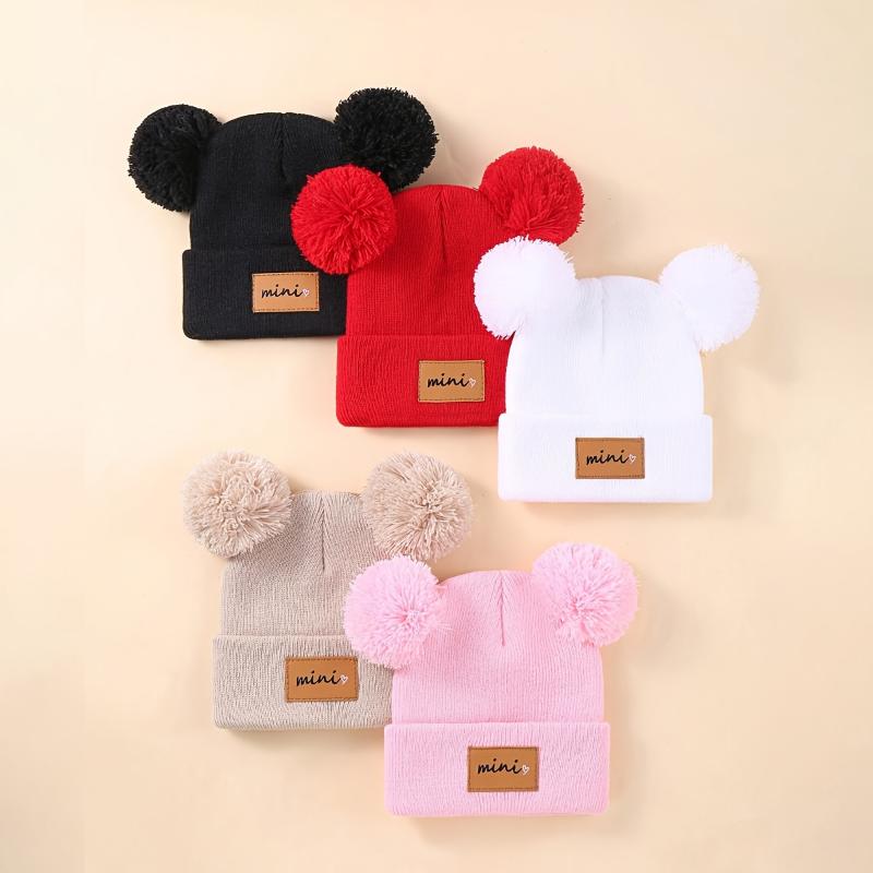 NewNew5 Pack Baby Winter Warm Knit Hats with Pom Poms - Unisex Toddler Beanies, Acrylic, Alphabet Pattern, Hand Wash, Stretch Fit for Infants 0-3 Years, Lightweight for Fall/Winter & Birthday Occasions
