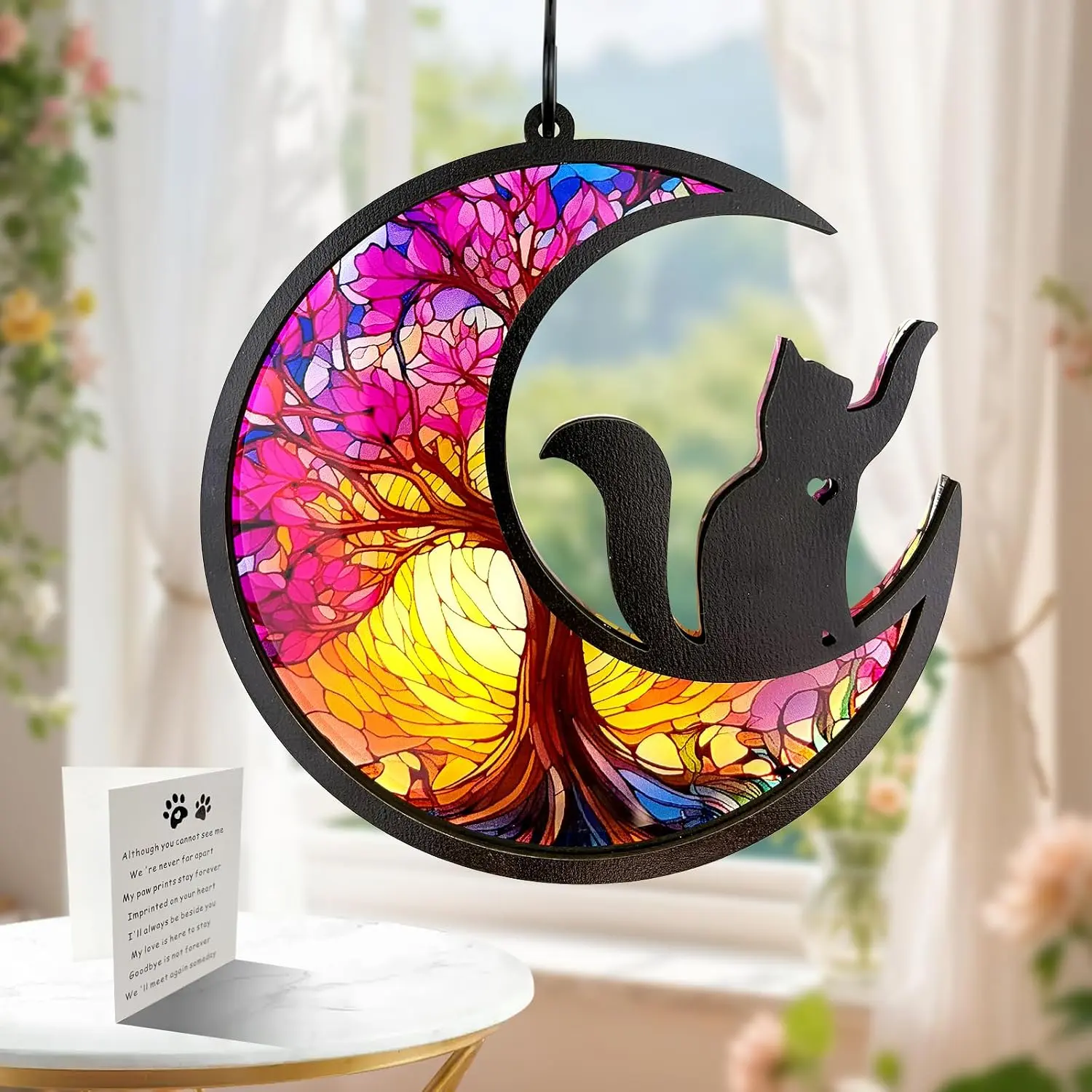 Cat Memorial Suncatcher,Pet Remembrance Gift with Sympathy Card for Loss of Cat,Tree of Life DIY Ornament(Call for Love)