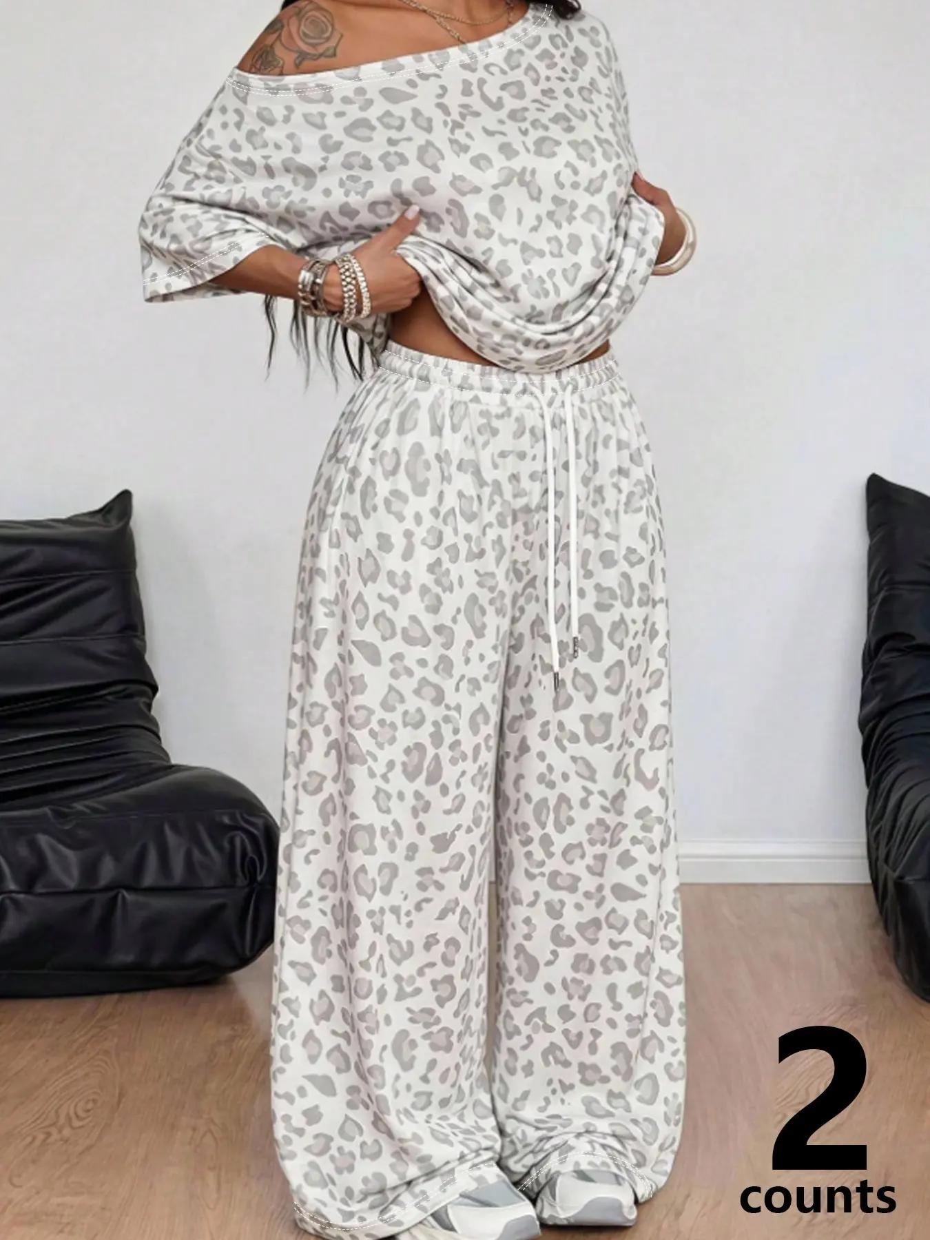 Women's Leopard Print 2-Piece Outfit, Off Shoulder Short Sleeve Top With Drawstring Wide Leg Pants For Daily Casual Street Outfits