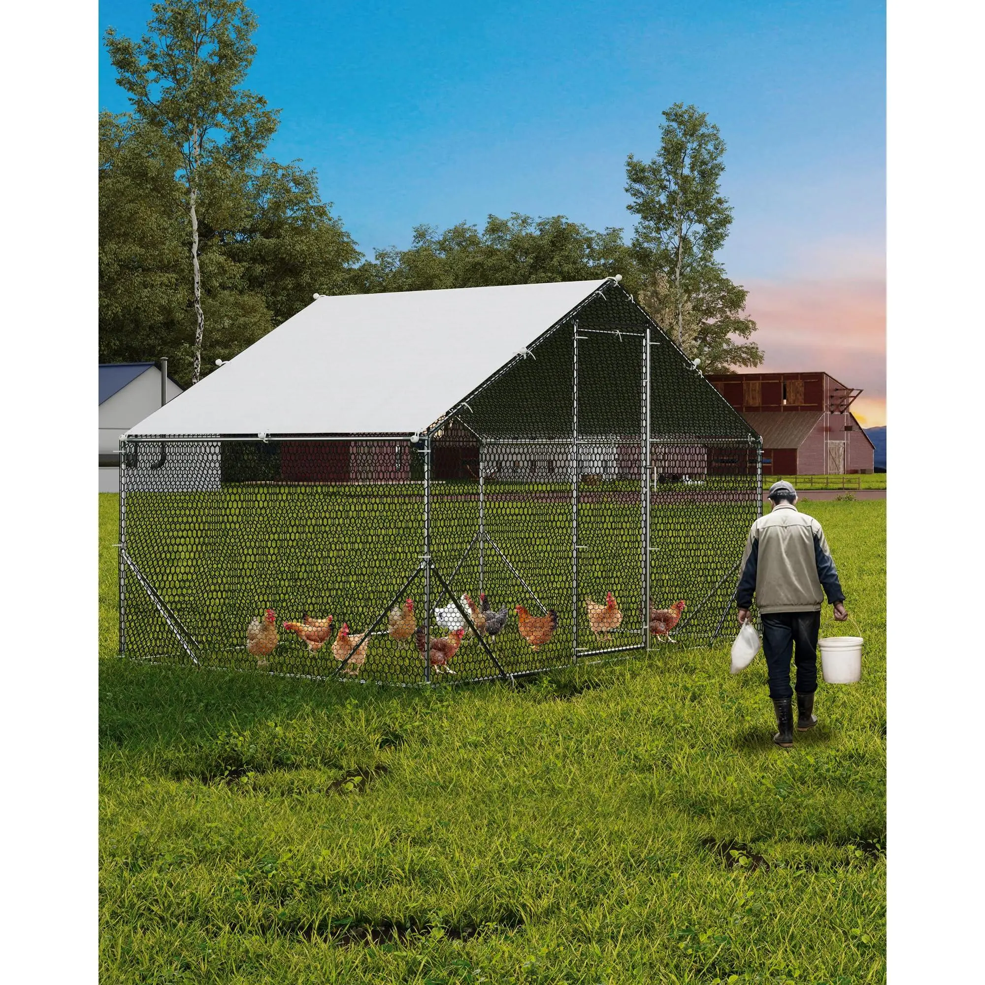 Heavy Duty Outdoor Metal Chicken Coop & Dog Kennel – Large Walk-In Enclosure Playpen for Poultry or Pets, Secure Run for 6-30 Chickens or Large Dogs, Waterproof & Anti-UV Cover