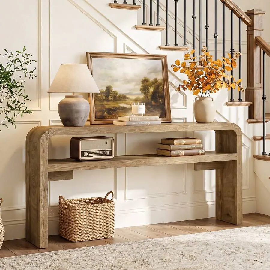 2-Tiered MDF Wood Curved Rounded U-Shape Console Table - Hidden Shelf, Adjustable Mobile, Farmhouse Indoor Furniture for Entryway, Sofa Side Use, Two-Tiered