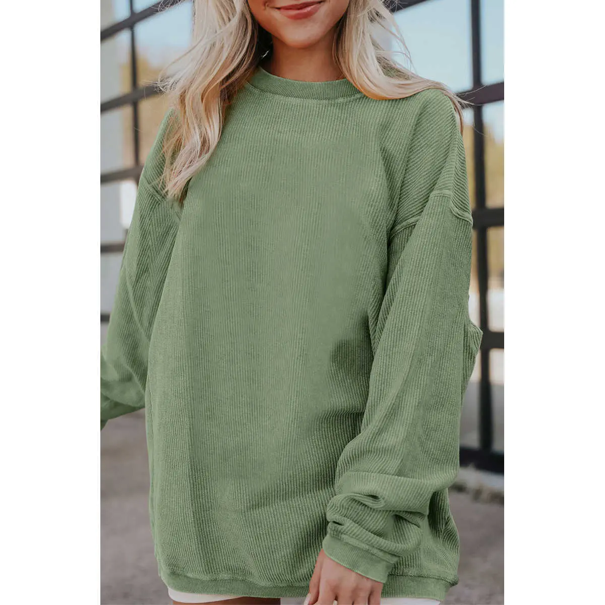 Grass Green Ribbed Corduroy Oversized Sweatshirt