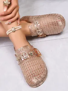 Summer New Fashion Glitter Jelly Holes Sandals, Heart Rhinestone Buckle Mules, Multiple Colors Available, Comfortable and Stylish Footwear