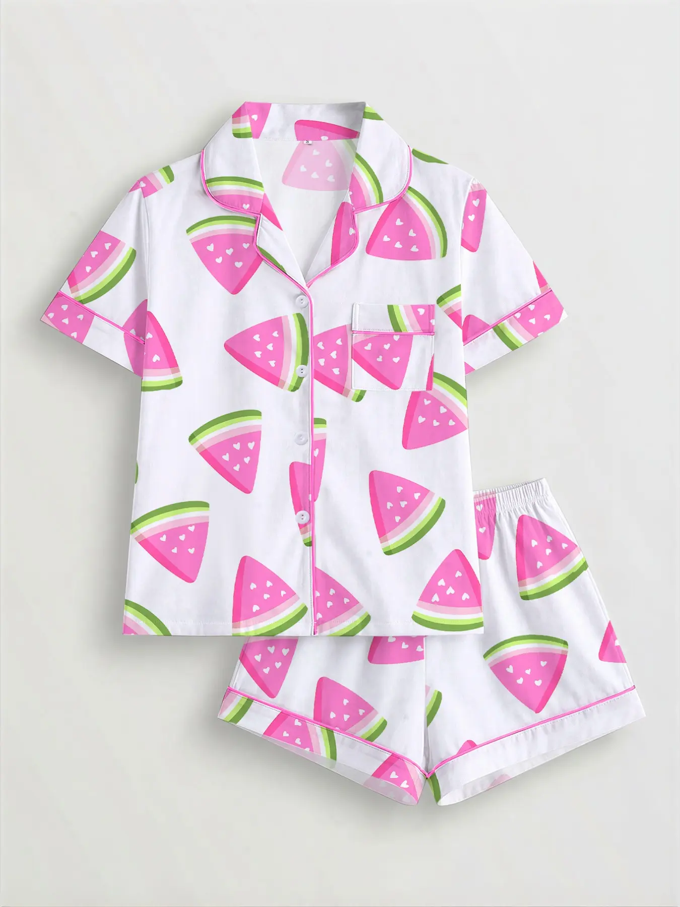 Women's Pajama Set Pjs, Fruit Watermelon Print, Short Sleeve Button Shirt, Elastic Shorts, Casual Home Wear, Comfortable Sleepwear