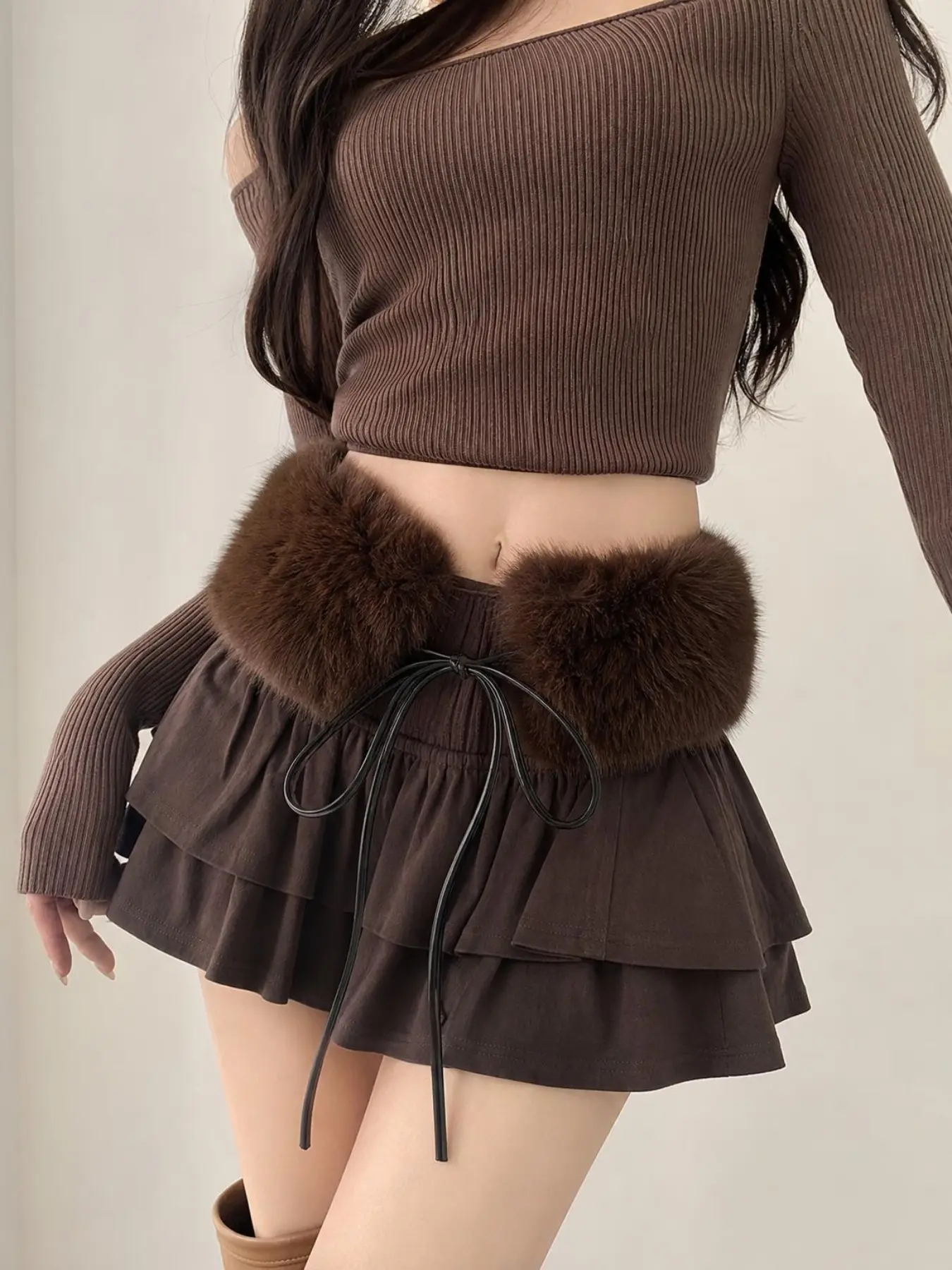 Vintage Y2K Faux Fur Waist Belt, Boho Style Plain Design, Long Rope Dangle, Perfect for Streetwear, Fall/winter Fashion Accessory
