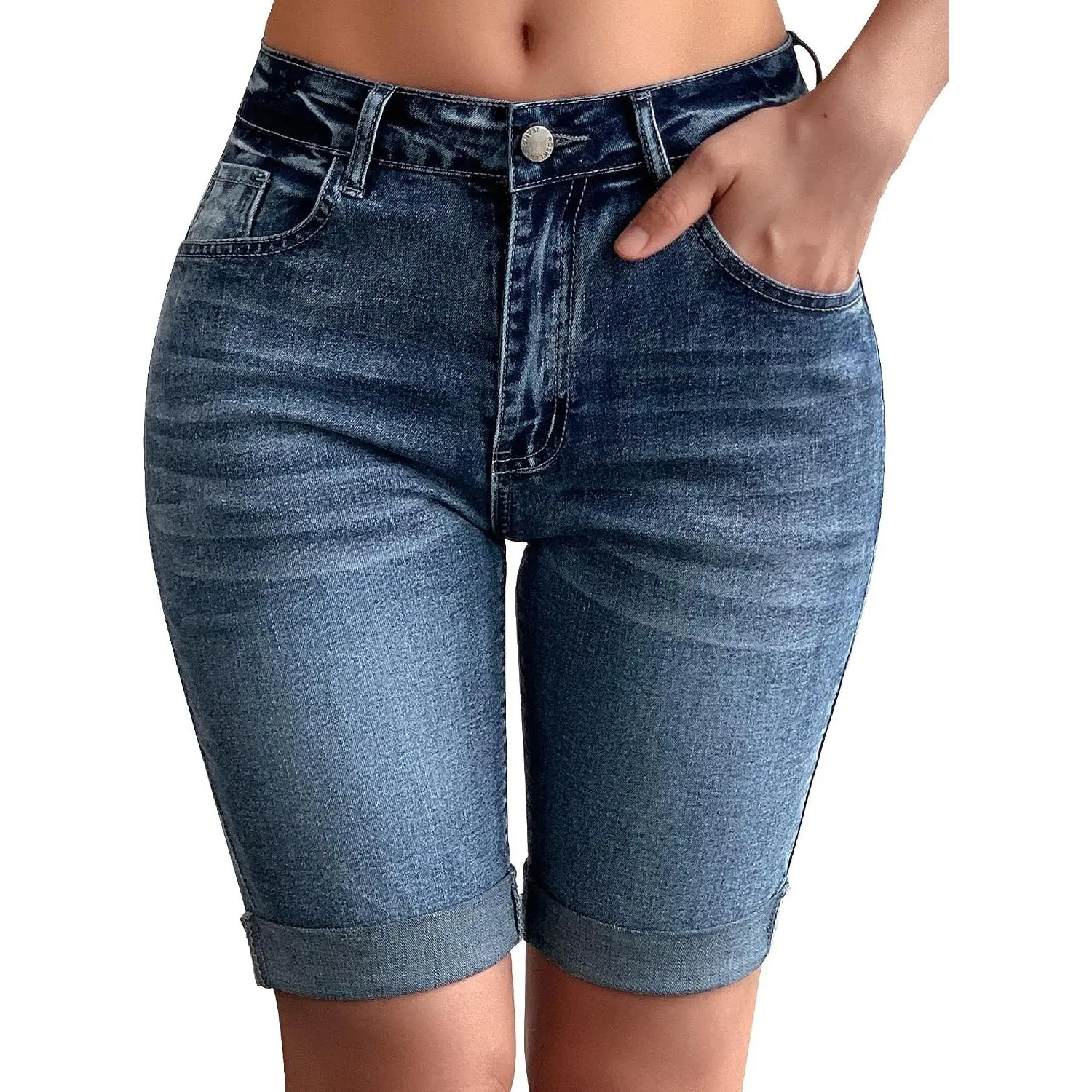 Womens Mid Rise Roll Cuff Bermuda Stretch Denim Jean Shorts
