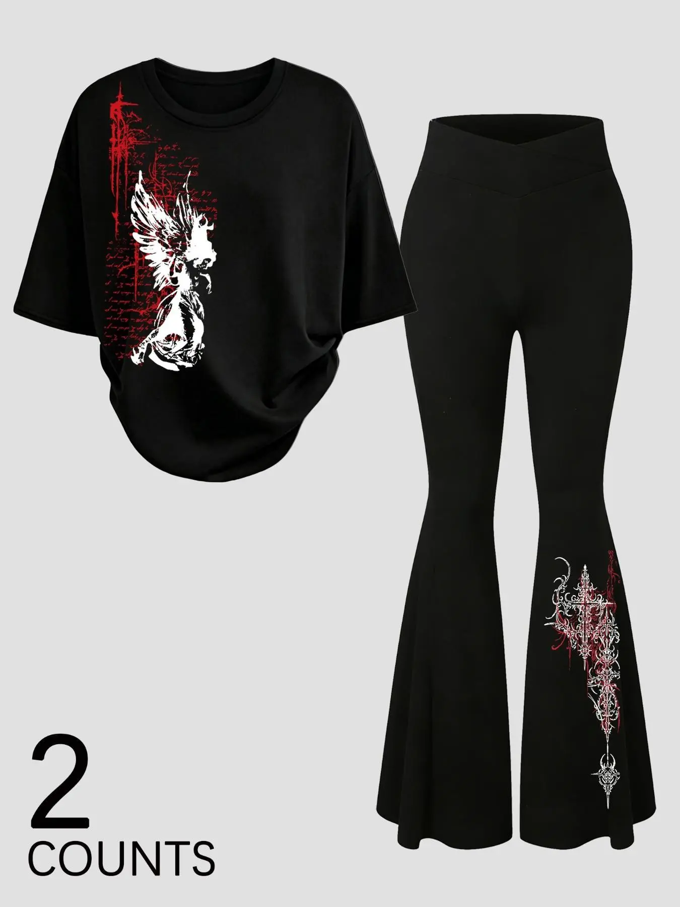 Two-piece set: leggings and T-shirt with gothic angel print. Y2K dark aesthetic style, perfect for everyday street style for young people.