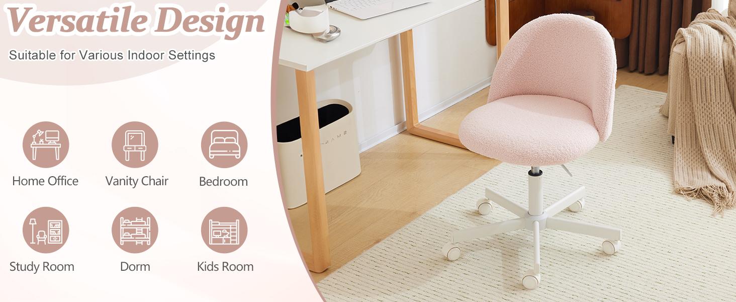 VINGLI Cute Candy Chair Armless Comfy Small Office Desk Vanity Chair with Wheels & Lumbar Support,Teddy Adjustable Rolling Swivel Computer Task Ch for Home Office,Bedroom,Gentle Pink