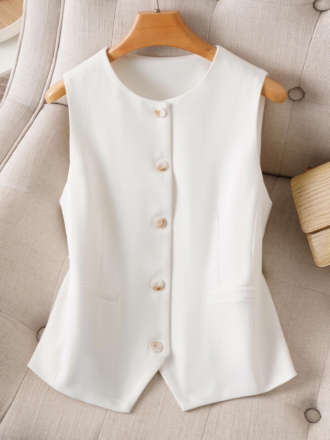 Women's Solid Color Button Front Vest Blazer, Casual Fashion Comfy Sleeveless Outerwear for Daily Outdoor Wear, Women Clothing for Spring Fall