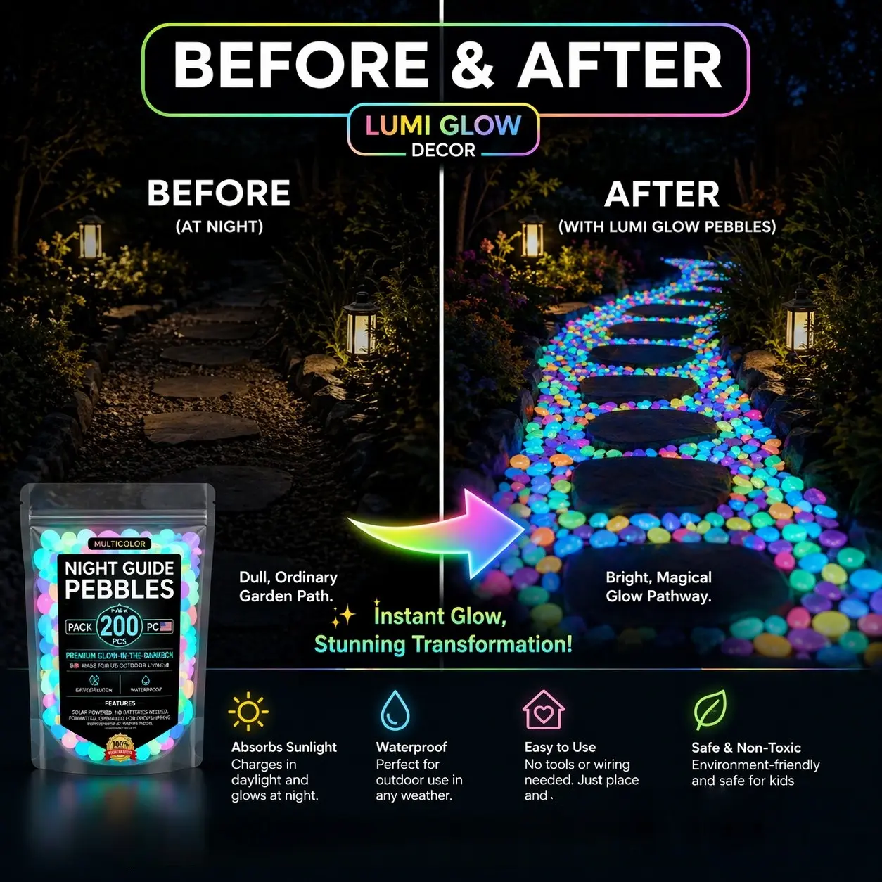 200pcs Colorful Glow Garden Stones, Luminescent River Rocks for Outdoor Gardens, Walkways, Patios, Lawns, Decorative Night Light Pebbles, Garden Supplies