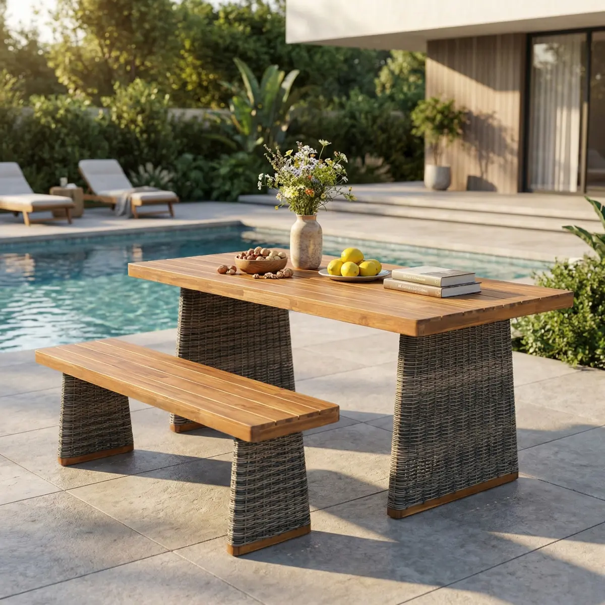 AobtkelChristopher Knight Home® Outdoor Acacia Wood Dining Table Set with 1 Table and 1 Bench,Grey