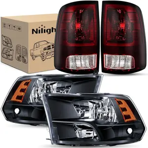 Nilight Headlight & Taillight Combo Set, Auto Lighting Car Parts for 2009-2018 Dodge Ram Quad Models, Black Housing, Amber Reflector, Dark Red Tail Light