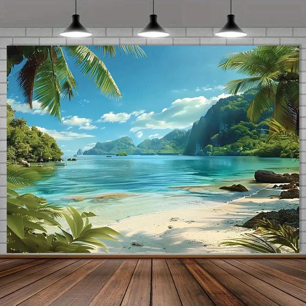 Summer Tropical Beach Island Backdrop Party Background Cloth, Palm Tree Ocean Tapestry Wall Hanging Photography Background Premium Polyester Fabric, Vacation Party Decor, Wedding Event Setup, Photo Studio Prop, Beach Celebration Background
