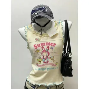 Summer Japanese Sweet Kawaii Lace Cartoon Printed T-shirts Women Cute Fahion Graphic Tees Y2k Crop Tops Daughter Clothing New