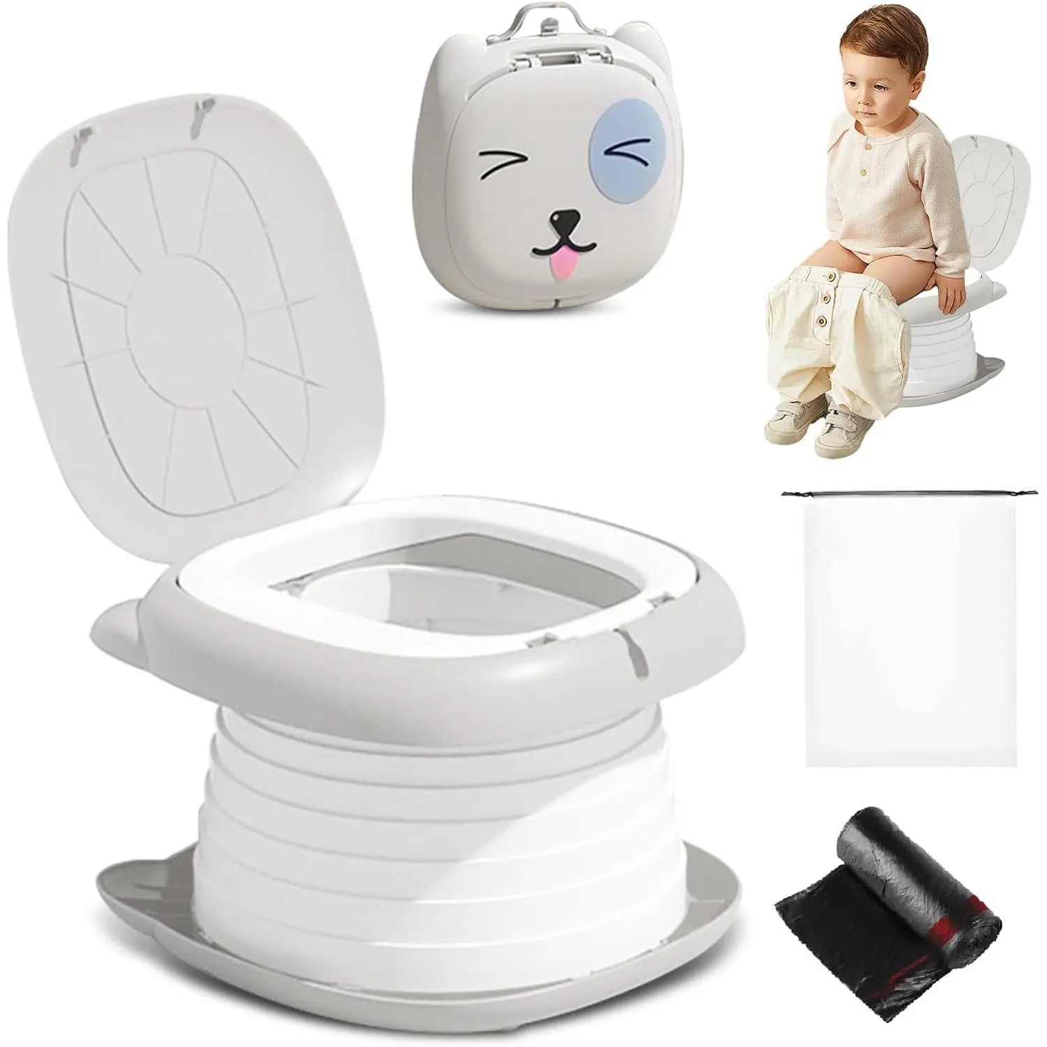 Travel Potty for Toddlers, Portable Potty Chair with 1 Roll Premium Waste Bags - Kids Toilet for Car, Camping, Indoor Outdoor - Easy Clean Training Seat (White Gray) by