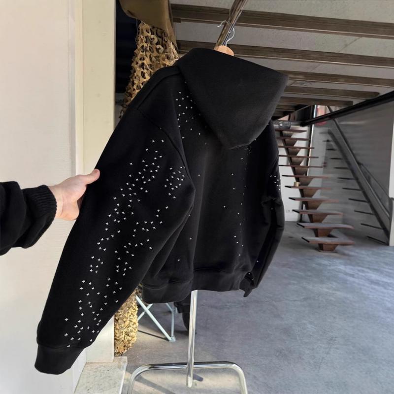 2026 Autumn Winter Starry Heavy Rhinestone Padded Shoulder Hooded Loose Jacket Tops Long Sleeve Casual Fitted Black Stretch Cotton with Pocket Geometric Print Fleece Hoodie Unisex Trendy for Daily Wear
