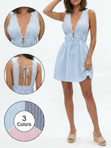 Summer New Fresh Beach Vacation Style Strap Dress, Sleeveless Striped Backless Dress, Trendy Summer for Women