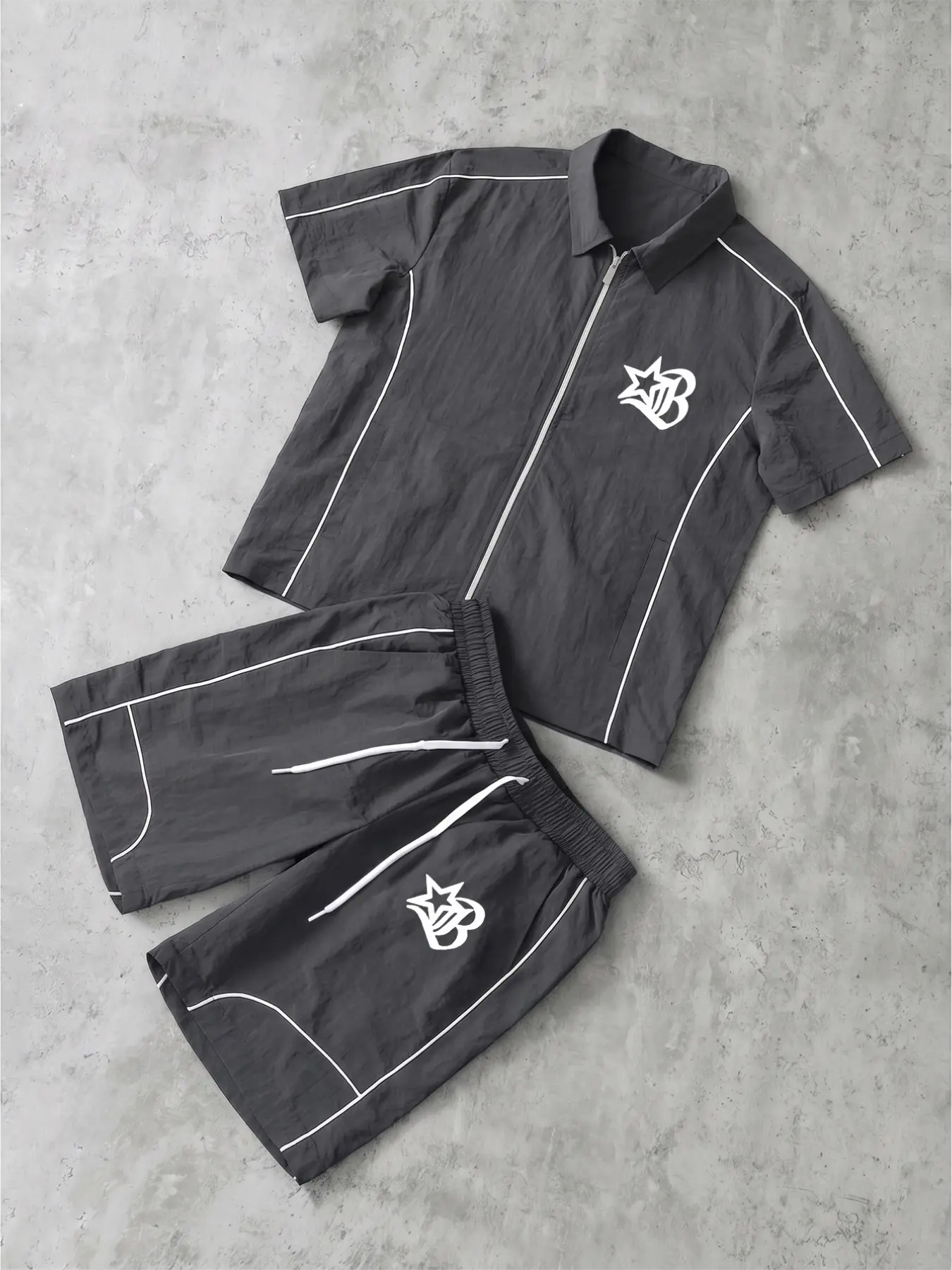 Men's Lightweight Windbreaker Two-Piece Set, 100% Nylon, Lapel Zip Short Sleeve Top, Loose Wide Leg Pants, Casual Sportswear