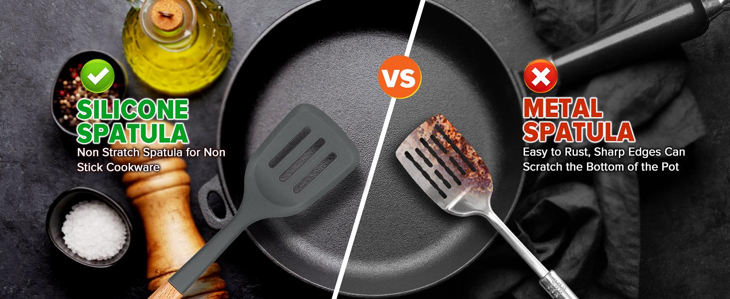 Silicone Cooking Utensils Set, Perfectly Angled for Frying, Mixing,Serving,Draining,Turning and Stirring, BPA-Free Matte Silicone, Wood Handles, Safe for Nonstick Cooking Surfaces,4 Pack (Grey)