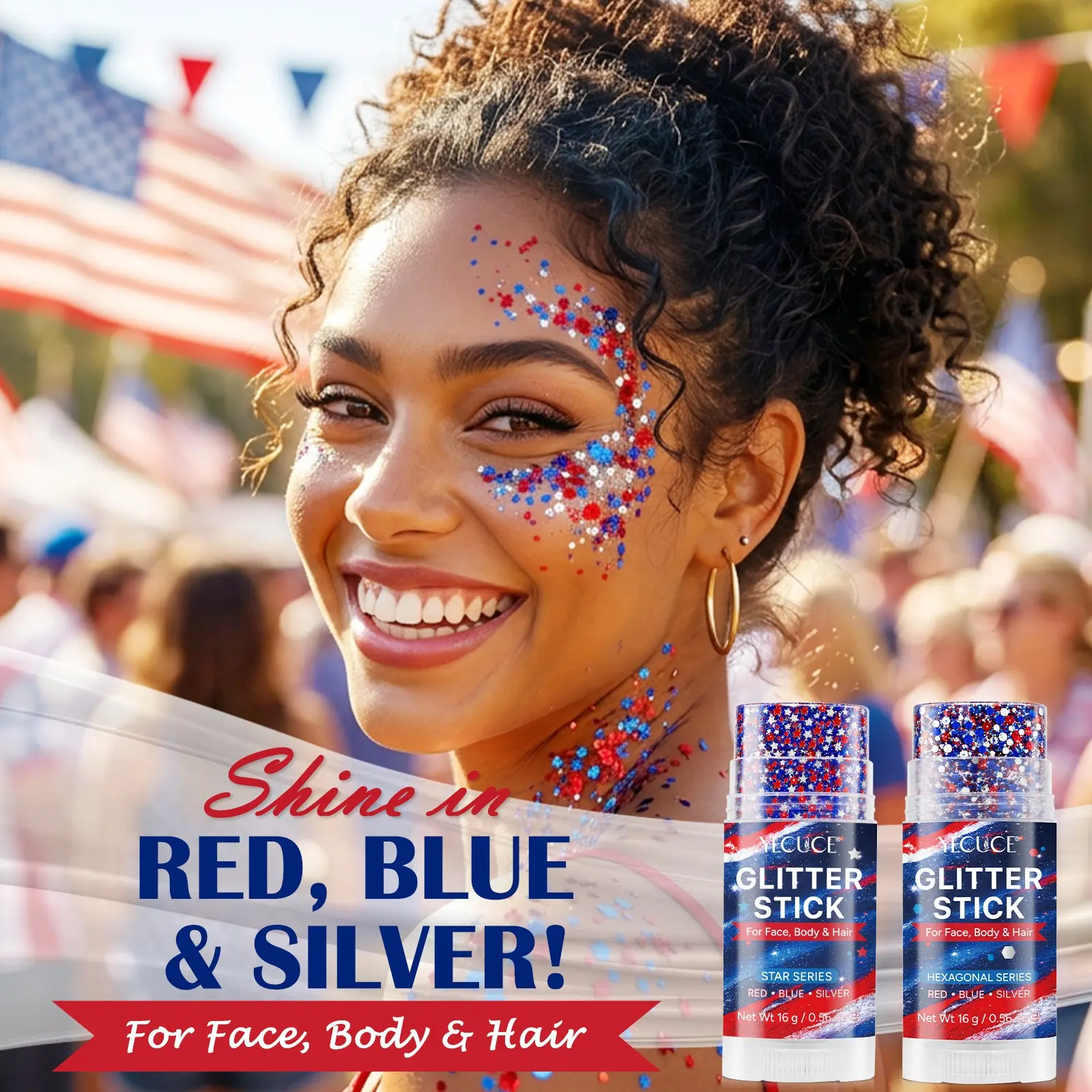 Yecuce Glitter Stick Makeup Brush, Blue Silver Stars + Hexagon Design, Perfect for Festival Use, 7.4 Day Special Edition