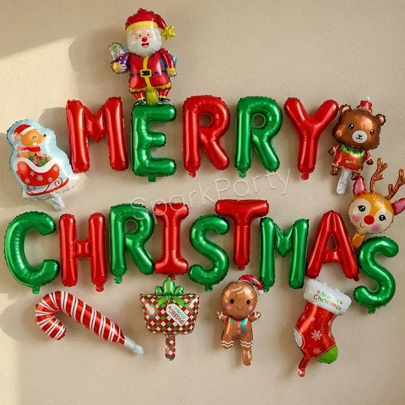 23pcs Christmas Letter Balloons, Mini Santa Claus Candy Cane Gift Box Gingerbread Man Reindeer Sock Sledding Deer, Xmas Holiday Festive Winter New Year