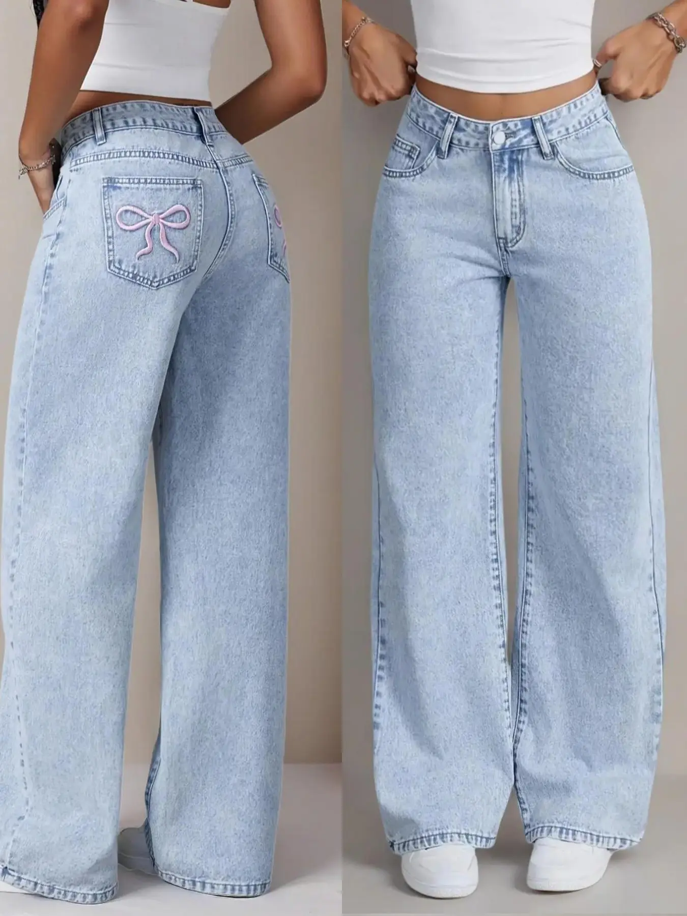 Teen Girls' Loose-Fit Butterfly Print Denim Wide-Leg Pants, Loose Legged Pants, Fashion Comfortable All-Season Jeans, Casual Comfy Jeans, Perfect for Trendy Youth