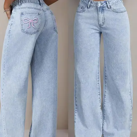Teen Girls' Loose-Fit Butterfly Print Denim Wide-Leg Pants, Loose Legged Pants, Fashion Comfortable All-Season Jeans, Casual Comfy Jeans, Perfect for Trendy Youth