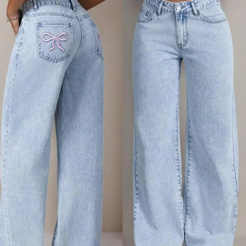 Teen Girls' Loose-Fit Butterfly Print Denim Wide-Leg Pants, Loose Legged Pants, Fashion Comfortable All-Season Jeans, Casual Comfy Jeans, Perfect for Trendy Youth