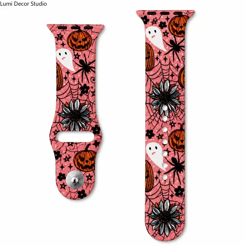 Pink Halloween Silicone Watch Band - Pumpkin Ghost Spider Floral Print Adjustable Strap for Smartwatches and Daily Seasonal Wear