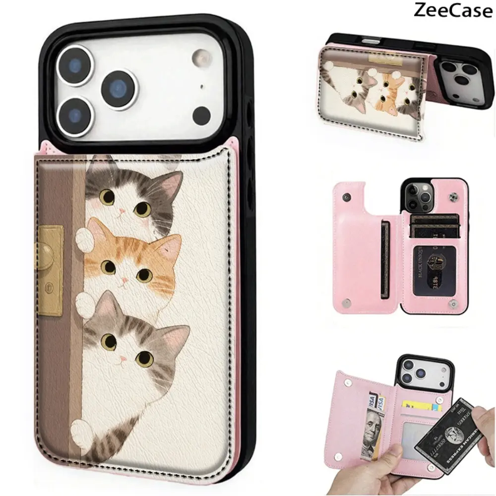 Phone Case: Four cute cats poking their heads out of the wooden door frame, flip wallet card case phone case, with bracket function 3 card slots, can hold driver's license and photos, ideal gift for iPhone 17/16/15/14/13/12/11 Ul