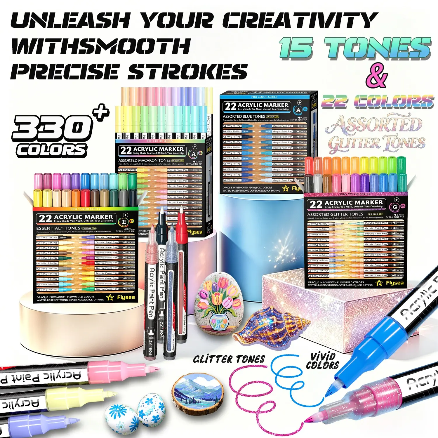 Flysea Acrylic Paint Markers Set, 22 Pieces, 17 Color Families, Fine Tip 0.7mm, Quick Dry, Non-Blotchy, Ideal for Art & Craft Projects