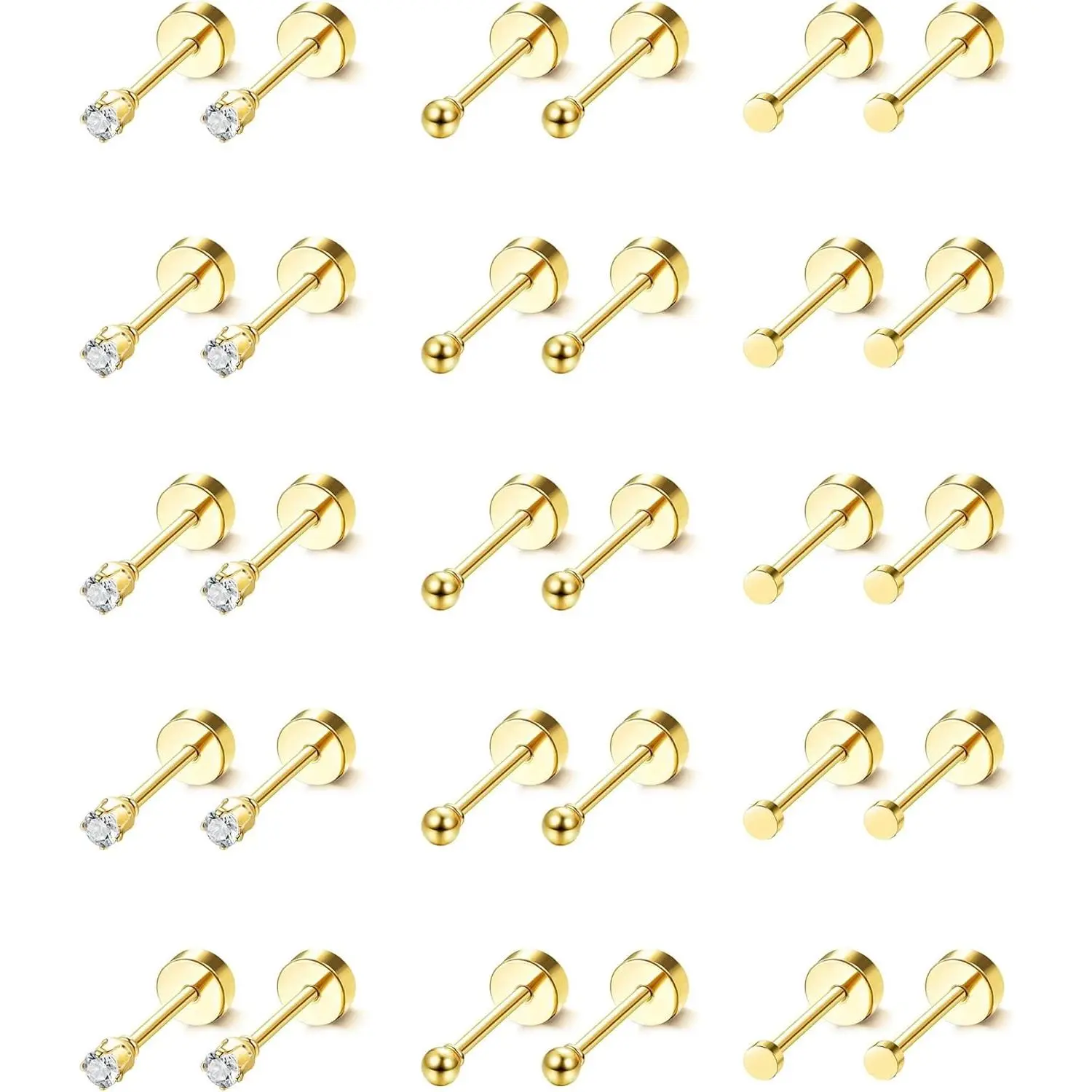 15 Pairs Basic Gold Stud Earrings Set for Women, Surgical Steel with CZ, Ball & Dot Designs, 20G 2mm Flat Screw Back for Daily Casual Wear, Flat Back, Comfortable Screw Back, Dot Balls, Cz & Ball & Dot-Gold