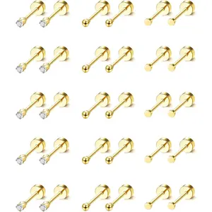 15 Pairs Tiny Surgical Steel Gold Stud Earrings, Comfortable Screw Back Flat Back Earrings with CZ Dot Ball Stones, 2mm, 20G