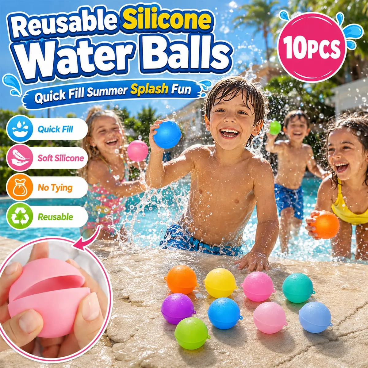 10PCS Reusable Silicone Water Splash Balls, Colorful Soft Self-Sealing Summer Water Balloons, 6cm Round Quick-Fill Pool Beach Splash Set for Kids, Boys Girls & Family Outdoor Backyard Party, Lawn Play, Camping, Vacation Water Fun Set